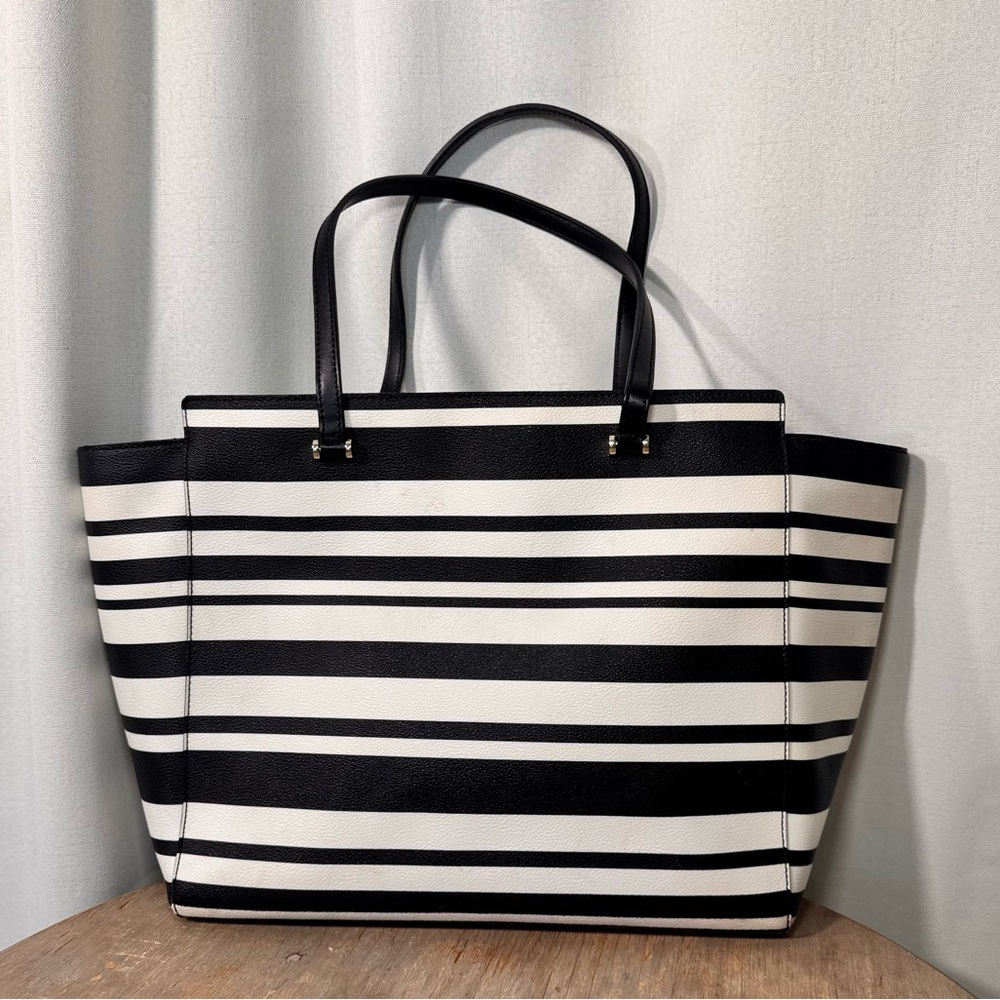 Kate Spade Vegan Leather Black & White Striped Tote Bag - Picture 2 of 9